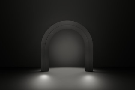 black dark arch with galaxy and pedestal podium with shining green lighting, empty minimalistic platform with promotion display 3d render.の写真素材