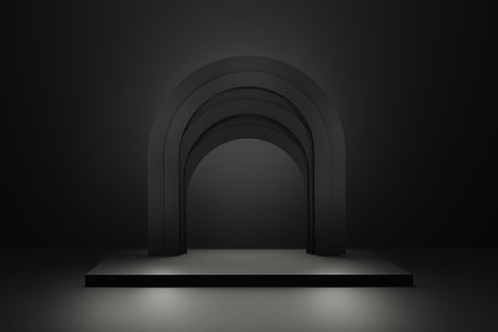 Black dark realistic rectangular pedestal podium with arch, Luxury geometric platform with promotion display 3d render.の写真素材