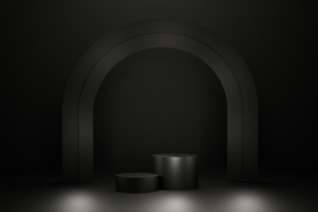 black arch and cylindrical platform stage for advertising products on dark background 3d render.の写真素材