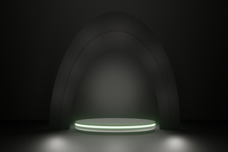 Black dark arch with galaxy stage podium and shining green lighting, empty platform with promotion display 3d render.の写真素材