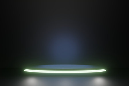Black dark cosmic stage pedestal podium with shining green lighting, platform with promotion display 3d render.の写真素材