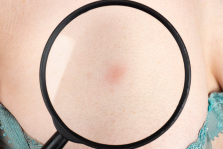 rash red spot on female breast, doctor examination on breast cancer closeup.の写真素材