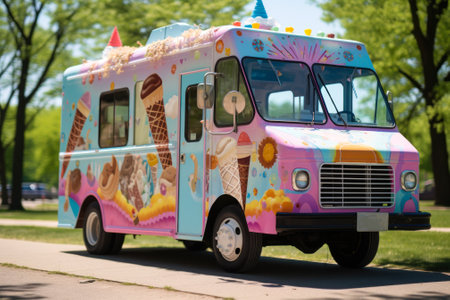 painted colorful ice cream van generative ai.の素材
