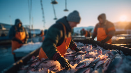 winter industrial fishing, fish in the net , sorting frozen fish in the port generative ai.の素材