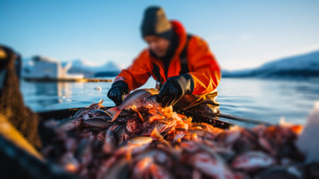 winter industrial fishing, fish in the net , sorting frozen fish in the port generative ai.の素材