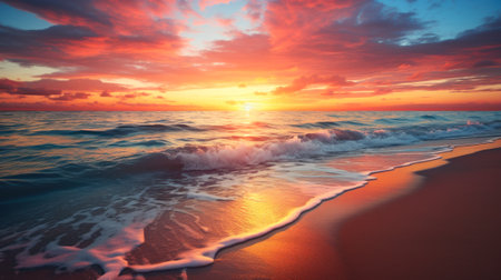 beautiful sea evening sunset juicy orange sun and surf waves generative ai.の素材
