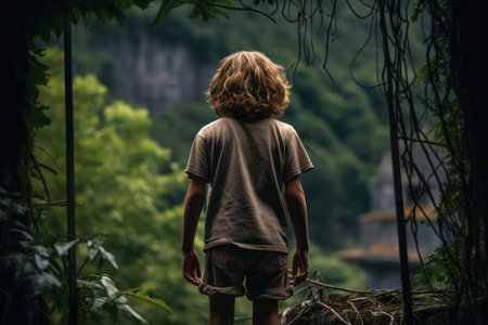 boy walking in the forest back view generative ai.の素材