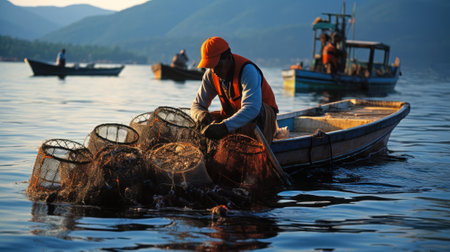 man on a boat with net fish traps generative ai.の素材