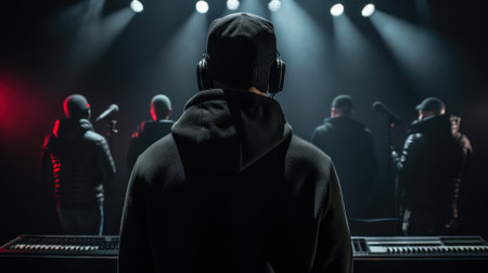 man with headphones studio recording of music generative ai.の素材