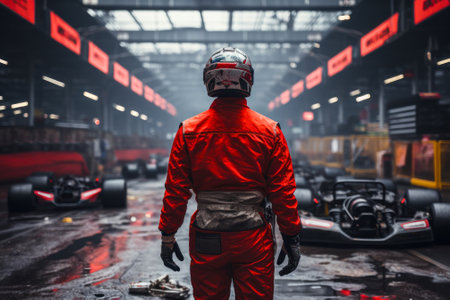 racer in a helmet and a red suit in the middle of a racing track generative ai.の素材