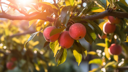 red apples on a tree in the sun generative ai.の素材