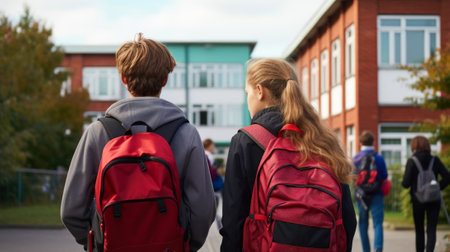 schoolchildren students with backpacks go to school generative ai.の素材