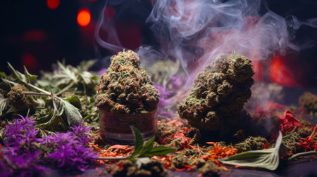 fragrant terpene smoke of sweet cannabis buds generative ai.の素材
