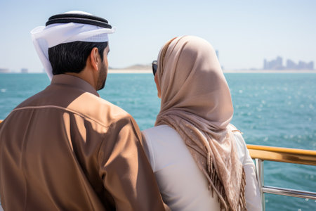 back view of arab couple enjoying a trip by the sea on a yacht generative ai.の素材