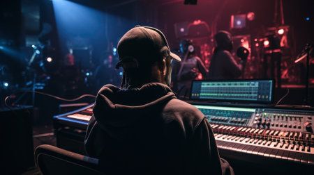 sound engineer in headphones in recording studio generative ai.の素材