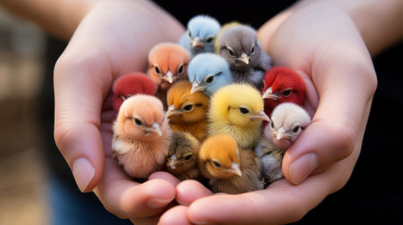 colorful cute chicks in hand generative ai.の素材