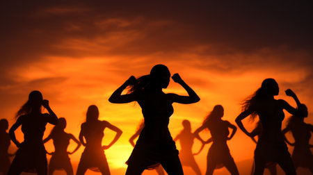 woman team dancing silhouette on sun background generative ai.の素材