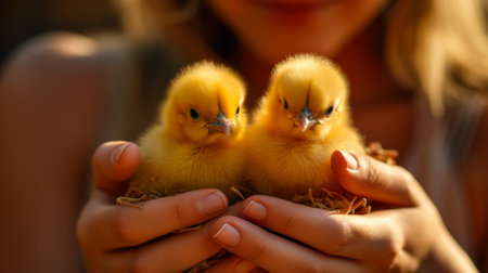 yellow chicks in female hands small birds generative ai.の素材