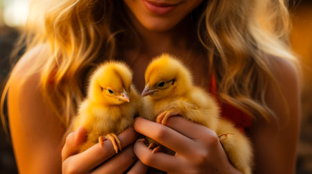yellow chicks in female hands small birds generative ai.の素材