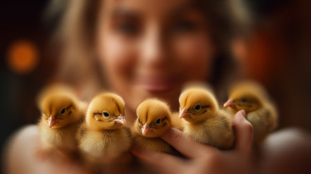 yellow chicks in female hands small birds generative ai.の素材