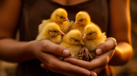 yellow chicks in female hands small birds generative ai.の素材