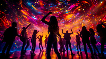 silhouette dancing womens, colorful disco club generative ai.の素材