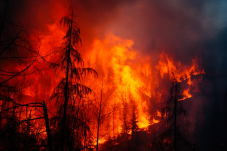 fire safety in the forest, orange flames engulfed the trees generative ai.の素材