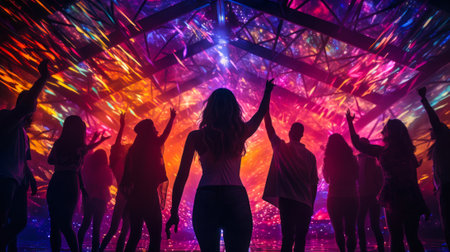 silhouette dancing womens, colorful disco club generative ai.の素材