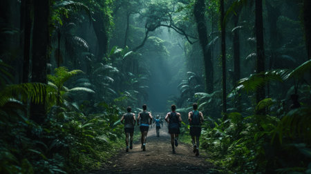 running marathon on the track in the forest jungle generative ai.の素材