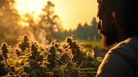 a man in nature caring for a cannabis plant evening sundown light generative ai.の素材