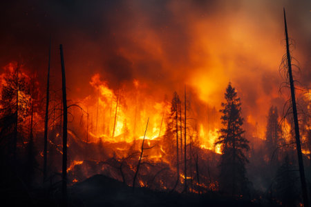 fire safety in the forest, orange flames engulfed the trees generative ai.の素材