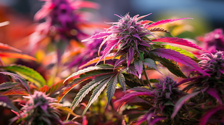 colorful cannabis buds under purple led light generative ai.の素材