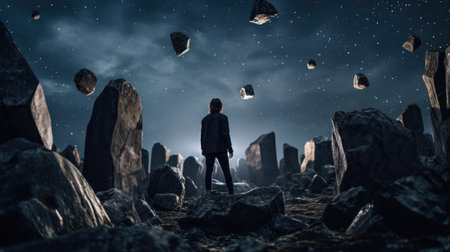 man conquers space rock planet generative ai.の素材