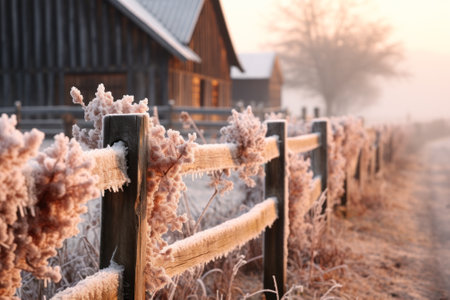 autumn frosts, frozen fence generative ai.の素材