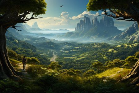 the traveler found a great landscape from the mountains generative ai.の素材