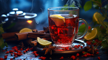 hot tea with lemon in a glass generative ai.の素材