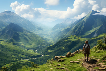 the traveler found a great landscape from the mountains generative ai.の素材