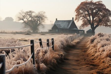 autumn frosts, frozen fence generative ai.の素材