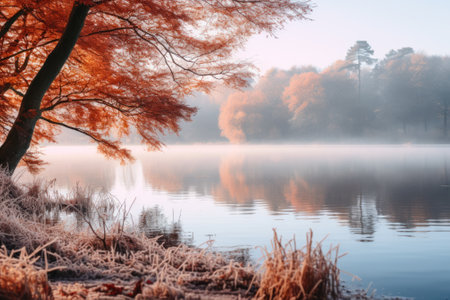 autumn landscape near a calm lake copy space generative ai.の素材
