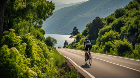 cyclist rides on a highway surrounded by green forests generative ai.の素材