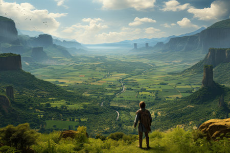 the traveler found a great landscape from the mountains generative ai.の素材