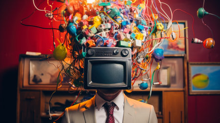 chaos in my head, man with a TV instead of a head generative ai.の素材