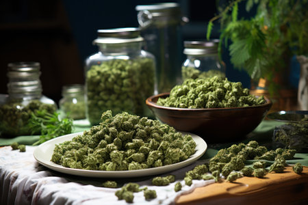 green dried cannabis buds in a plate generative ai.の素材