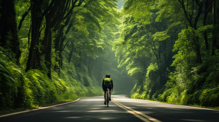 cyclist rides on a highway surrounded by green forests generative ai.の素材