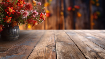 empty display scene wooden table with flowers, copy space mockup generative ai.の素材