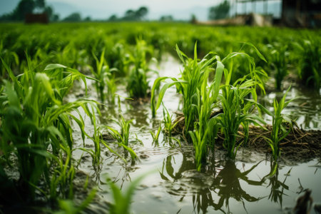 rainy season flooded vegetable gardens with plants generative ai.の素材