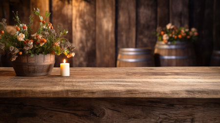 empty wooden table with flowers and a candle, copy space mockup generative ai.の素材