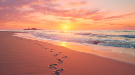 footprints on the sandy evening summer beach of the ocean sunset sky generative ai.の素材