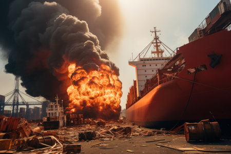 burning cargo ship with containers in the seaport generative ai.の素材