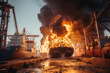 fire in the seaport burning ship, cargo ship with grain after the explosion generative ai.の素材